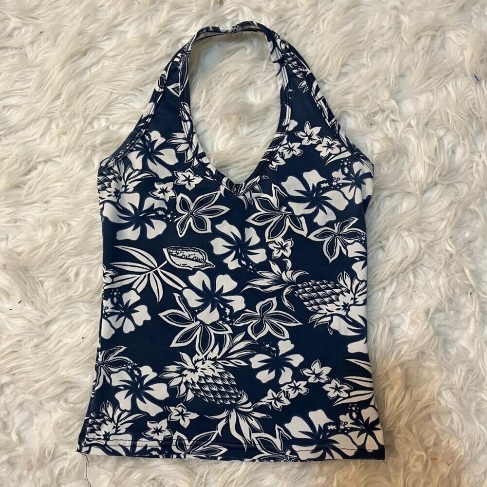 Vintage Floral Halter Top Navy Blue Ocean Drive Small